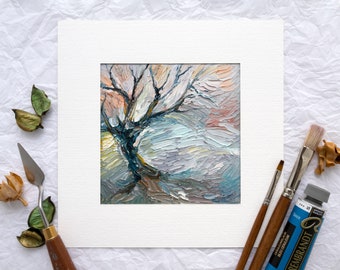 Impasto Tree Small Oil Painting, Original Palette Knife Wall Decor, Textured Small Nature Hanging, Abstract Fantasy Handpainted Artwork