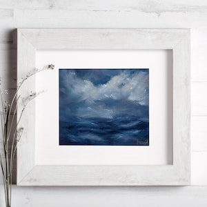 Dipinto a olio con paesaggio marino blu e nuvole, opera d'arte con orizzonte oceanico in tempesta, mare dipinto a mano originale, decorazione da parete con onde, piccolo regalo con oceano marino