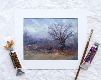 Handgemalte Winterlandschaft, kleines strukturiertes Naturbild, originale Landschaftsszene Ölgemälde, schwermütiges Galeriestück mit bloßem Baum