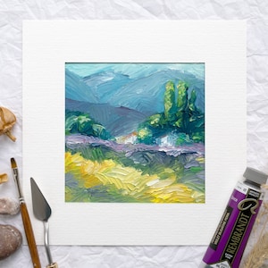 Dipinto ad olio di paesaggio toscano, piccola opera d'arte impasto, spatola quadrata appesa, decorazione da parete con natura colorata, arte astratta strutturata