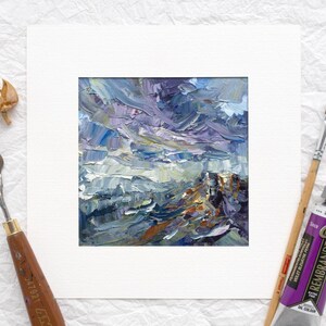 Dipinto a olio astratto con paesaggio strutturato, piccola opera d'arte impasto, decorazione da parete con spatola quadrata, moderno complemento d'arredo espressivo