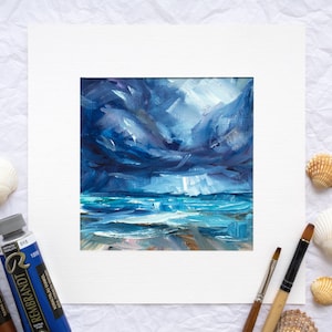 Pittura a olio astratta del paesaggio marino tempestoso, paesaggio della spiaggia di Impasto con nuvole, opera d'arte costiera strutturata, orizzonte oceanico minimalista dipinto a mano