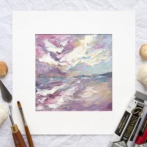 Dipinto ad olio astratto con paesaggio marino rosa polveroso, opera d'arte costiera con spatola impasto, tramonto sulla spiaggia, decorazione da parete con orizzonte oceanico strutturato