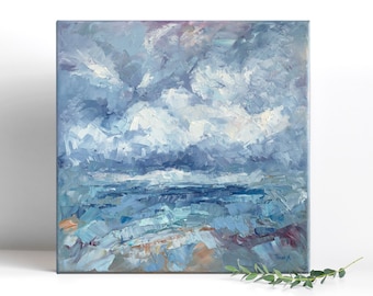 Abstract Impasto Seascape Oil Painting On Canvas, Textured Cloud Ocean Horizon Artwork, Palette Knife Coastal Wall Decor, Handpainted Sea