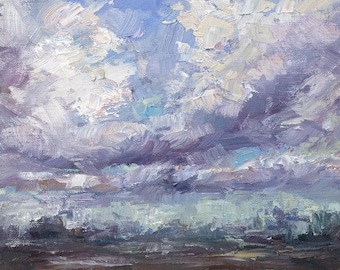 Pintura al óleo "May Clouds Horizon", obra de arte original de cielo primaveral, arte mural con escena natural en empasto, decoración rústica con textura paisajística.