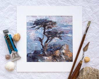 Pintura al óleo de un ciprés solitario, paisaje marino de Monterey, California, colgante de Big Sur, obra de arte pintada a mano en Pebble Beach, paisaje con textura de empaste.