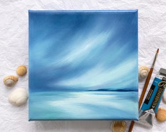 Minimalist Abstract Seascape Oil Painting, Handpainted Simple Aesthetic Artwork, Nordic Ocean On Deep Edge Canvas, Light Blue Sea Horizon