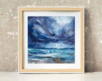 Fine Art Print Stormy Seascape, Giclée Print Of Blue Clouds Beach Oil Painting, Breaking Waves Ocean Art, Coastal Wall Decor, Marine Gift
