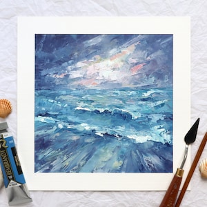 Dipinto ad olio astratto con paesaggio marino al tramonto, opera d'arte con impasto strutturato di oceano e nuvole, decorazione da parete quadrata dipinta a mano con onde che si infrangono sulla spiaggia