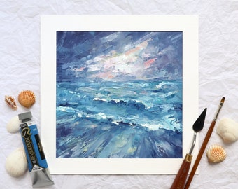 Pintura al óleo abstracta de paisaje marino al atardecer, decoración de pared cuadrada de playa pintada a mano, obra de arte de nubes oceánicas con textura empastada y olas rompientes.
