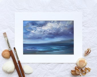 Original Seascape Oil Painting, Hand-painted Coastal Clouds, Ocean Horizon Picture, Small Beach Landscape, Tiny Artwork Hanging, Blue Decor