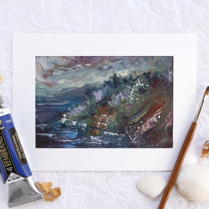 Dipinto a olio piccolo strutturato, decorazione murale con paesaggio marino dipinto a mano, paesaggio costiero originale, quadro astratto in impasto, piccola opera d'arte su tappetino