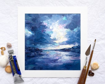 Blue Seascape Oil Painting, Abstract Ocean And Clouds Artwork, Modern Minimalist Indigo Hanging, Textured Impasto Square Wall Decor