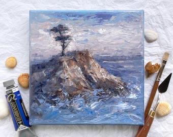 Lone Cypress Monterey Oil Painting, Impasto California Seascape, Pebble Beach Hand-painted Artwork With Tree On Canvas, Textured Landscape