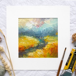 Piccolo dipinto a olio impasto su passepartout, paesaggio astratto con spatola, decorazione da parete moderna con natura impressionista, opera d'arte quadrata con texture