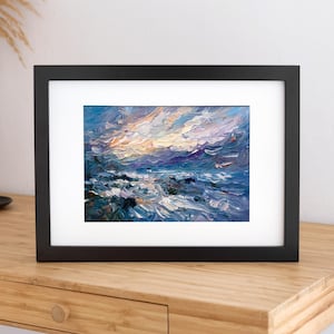 Abstract Stormy Seascape Oil Painting, Sunset Ocean And Sky Textured Impasto Artwork, Violet Sea Waves Coastal Art, Palette Knife Wall Decor