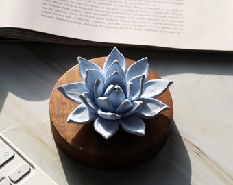 Handmade Floral Aroma Stone Diffuser: Blue Lotus, Wooden Coaster Gift Set