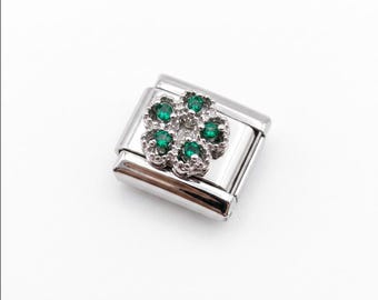 Green Crystal Flower Italian Charm, 9mm Stainless Steel Floral Gemstone Charm Link, Emerald Sparkle Flower Charm for Italian Charm Bracelet