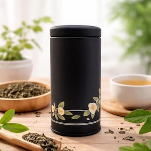 May include: A black tea canister with a lid, decorated with a floral design in white and green. A wooden spoon and bowl of tea leaves are in the foreground. The canister is on a wooden surface.