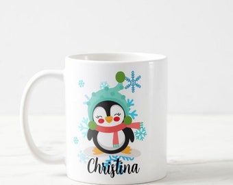 Personalized Hot Chocolate Mugs, Funny Christmas Mug, Secret Santa Gift, Penguin Mug, Kids Christmas Mugs, Childrens Hot Cocoa Mug