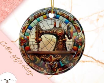May include: A round Christmas ornament featuring a stained glass design of a vintage sewing machine with colorful accents. The ornament is perfect for sewing enthusiasts and crafters.