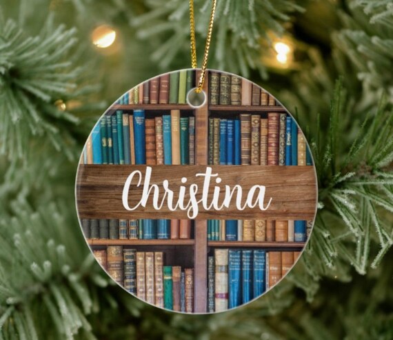 Personalized Bookshelf Ornament, Book Lovers Ornament, Librarian Book Ornament, Bookworm Gift, Book Nook Decor Ornament, Custom Name