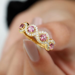 Pink Tourmaline Infinity Half Eternity Wedding Band Ring, 14k Gold Ring, Statement Ring, Tourmaline Halo Ring, Anniversary Gift Ring
