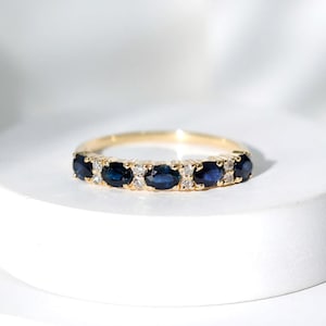 Blue Sapphire Ring, Sapphire Half Eternity Wedding Ring, 5-Stone 14k Gold Ring for Women, September Birthstone, Promise Gift Ring For Her