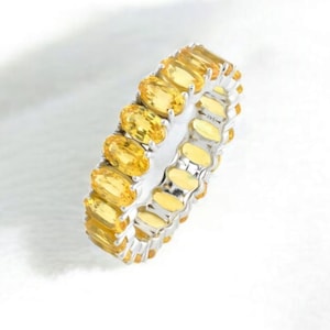 Yellow Sapphire Wedding Band, Sapphire Full Eternity Band, 3x5mm Oval Cut Sapphire Ring, Stacking Matching Band, Anniversary Gift For Her