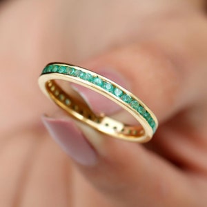 Art Deco Emerald Wedding Band Stackable Emerald Ring May Birthstone Stackable Yellow Gold Ring Handmade Wedding Band Ring Anniversary Ring