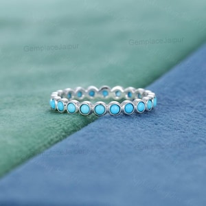 Alliance turquoise, bague turquoise argentée, bague d&#39;éternité complète turquoise, bague à superposer, alliance assortie, cadeau d&#39;anniversaire de naissance