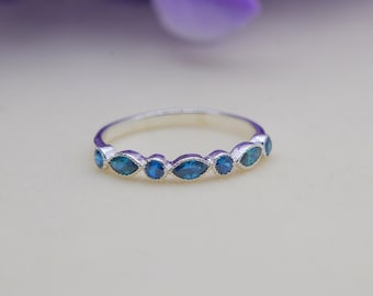 Swiss Blue Topaz Half Eternity Ring, Blue Topaz Wedding Band, Sterling Silver Band, November Birthstone, Matching Band, Gift For Her