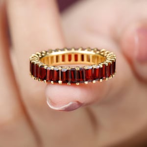 Garnet Wedding Band Ring, 14k Gold Full Eternity Wedding Band Women, Antique Design Stacking Ring, Red Gemstone Marriage Ring, Gift For Her
