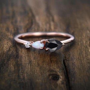Vintage Opal Black Onyx Ring, 14k Rose Gold Band, Art Deco Moissanite Wedding Band, 3 Stone Unique Women Bridal Promise Ring Customized Gift