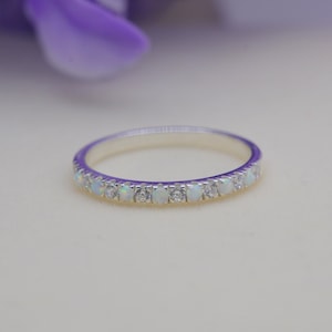 Opal Eternity Band, Opal Half Eternity Ring, Sterling Silver Opal Ring, Opal Wedding Band, Opal Stacking Ring, Birthstone Ring, Gift For Her