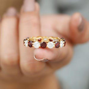 Garnet Full Eternity Wedding Band, 14k Gold Band, Round Garnet Moissanite Band, Stacking matching Band, January Birthstone, Gift For Women