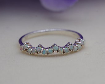 Anillo de ópalo natural, Banda de ópalo vintage, Banda de boda de ópalo, Anillo de ópalo de plata, Anillo de ópalo Dainty, Anillo de piedra de nacimiento de octubre, Anillo de banda a juego