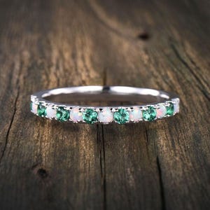 Opal & Emerald Wedding Band, Silver Half Eternity Band, Dainty Opal Ring, Stacking Matching Band, Promise Ring, Anniversary Gift, Customize