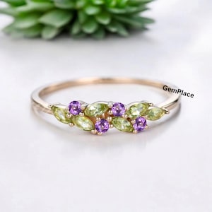 Marquise Peridot Amethyst Silver White Gold Ring Vintage Green Gemstone Cluster Wedding Ring Dainty Birthstone Ring Anniversary Gift Women