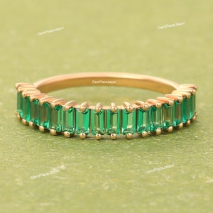 Unique Baguette Cut Emerald Wedding band, Yellow gold wedding band,  Half Eternity Stacking Band, Promise ring, Anniversary ring for women
