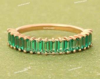 Unique Baguette Cut Emerald Wedding band, Yellow gold wedding band,  Half Eternity Stacking Band, Promise ring, Anniversary ring for women