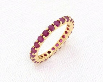Vintage Ruby Wedding Band, Ruby Dull Eternity Ring, Matching Stacking Ring For Women, 14K Yellow Gold Ring, Anniversary Gift Ring For Her