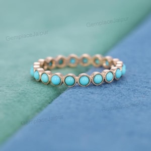 Alliance turquoise, bague turquoise en or 14 carats, bague d&#39;éternité complète turquoise, bague à superposer, alliance assortie, cadeau d&#39;anniversaire de pierre de naissance