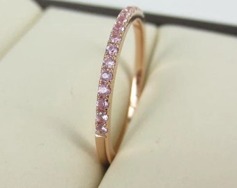 Natural Pink Sapphire Wedding Band, 14k Rose Gold Band, Sapphire Half Eternity Band, Stacking Band, Matching Band, Anniversary Gift For Her