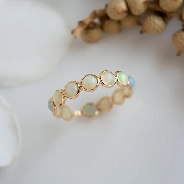 Natural Opal Ring, Vintage Opal Band, Opal Wedding Band, 14k Gold Opal Ring, Dainty Opal Ring, October Birthstone Ring, Matching Band Ring