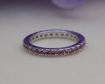 Natural Pink Tourmaline Wedding Band, Full Eternity Band, Sterling Silver Band, Stacking Matching Band Anniversary Ring Gift For Her