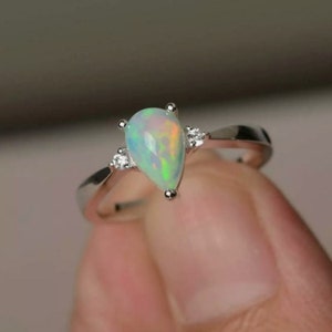 Natural Opal Ring, Sterling Silver Opal Ring, October Birthstone Ring, Pear Shape Opal Ring, Opal Anniversary Ring, Gift For Her