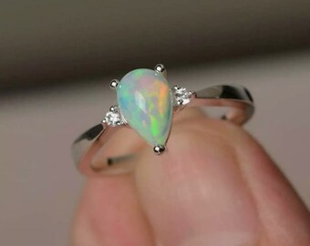Natuurlijke opaal ring, sterling zilveren opaal ring, oktober geboortesteen ring, peer vorm opaal ring, opaal verjaardag ring, cadeau voor haar