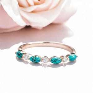 Turquoise wedding band women Vintage moissanite half eternity white gold marquise cut wedding band match Stacking diamond band gift for her