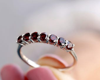 Natural Garnet Ring, Garnet Wedding Band, Half Eternity Ring, Vintage Stacking Band, January Birthstone, Gift For Women, Promise Gift Ring